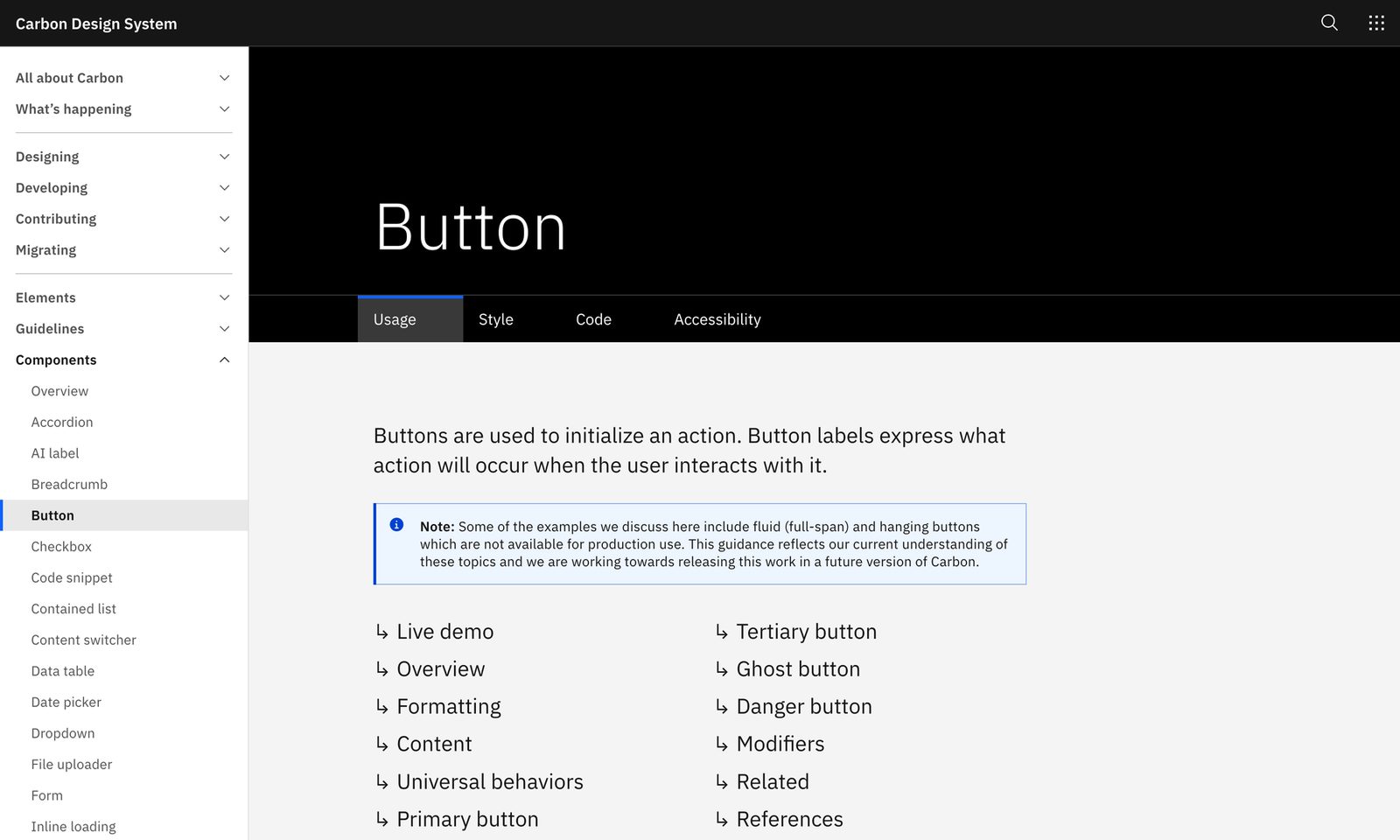 IBM Carbon&rsquo;s button: one component, fully specified. Source: carbondesignsystem.com