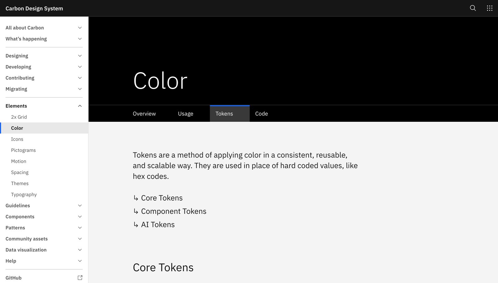 IBM Carbon’s colour tokens: semantic names like $background and $layer mapped to a role and a value. Source: carbondesignsystem.com