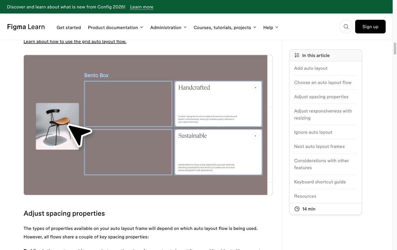 Figma auto layout: flow direction, Fill/Hug/Fixed sizing, gap and padding. Source: help.figma.com