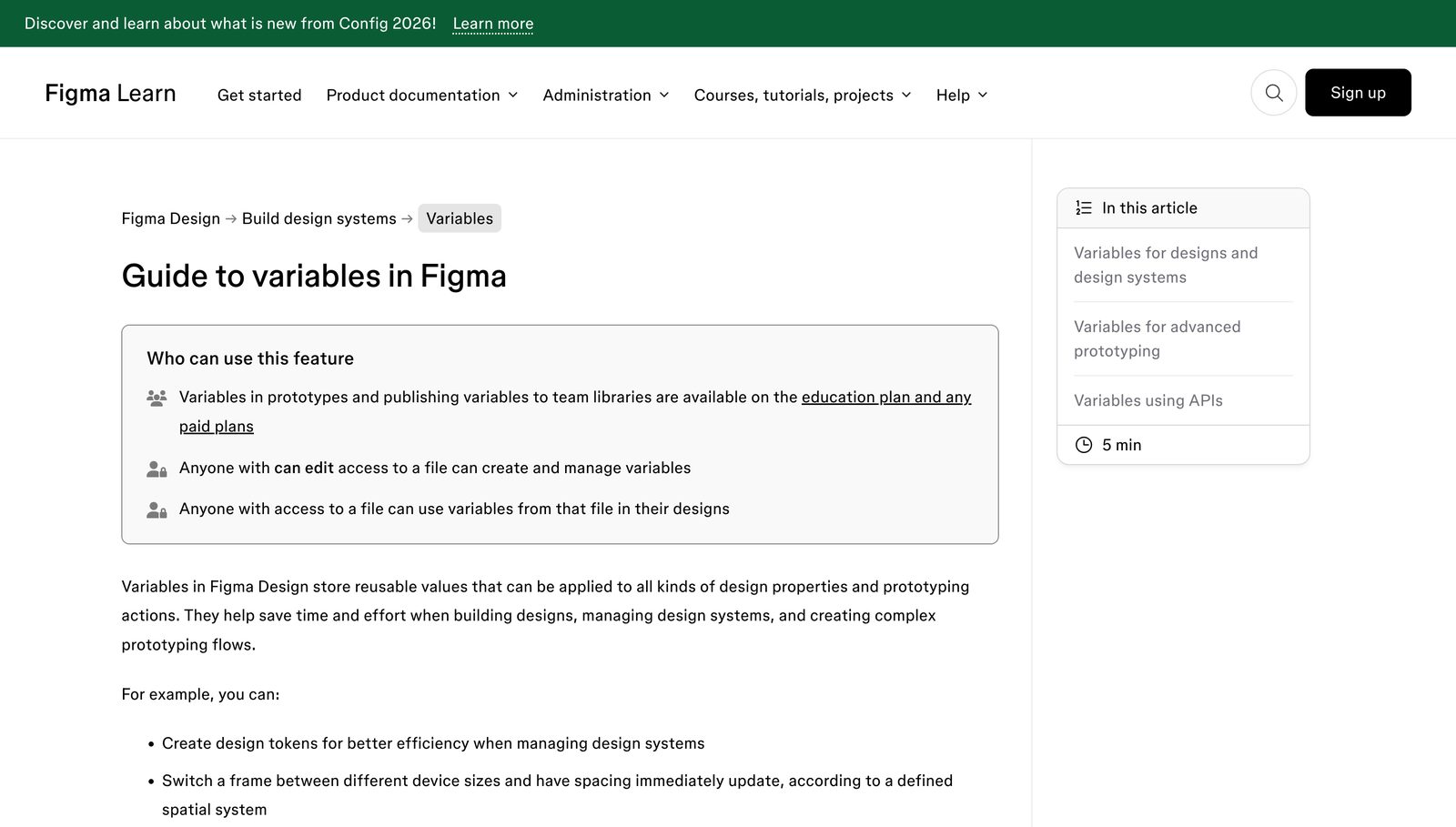 Figma&rsquo;s variables: collections, modes, and aliased values: the object model behind tokens. Source: help.figma.com