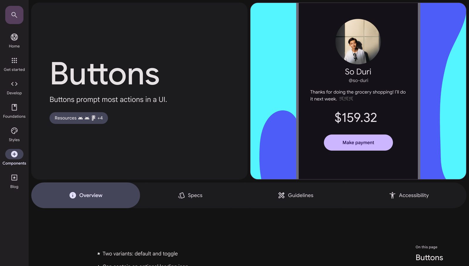 Material 3 button variants: one clean, documented component API surface. Source: m3.material.io