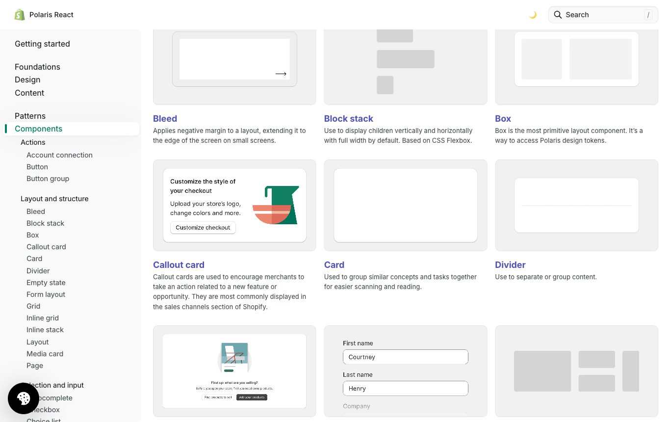 Shopify Polaris ships dozens of documented components: but a gallery like this is the pattern library, not the system. Source: polaris.shopify.com