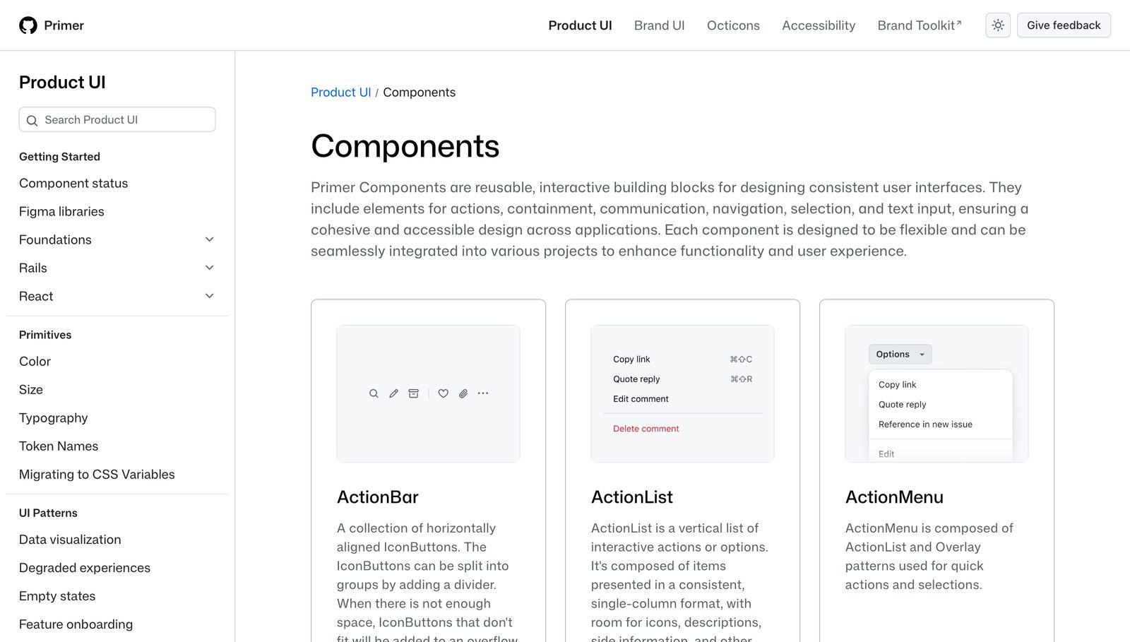 GitHub’s Primer: a real, catalogued component set backing an entire product. Source: primer.style