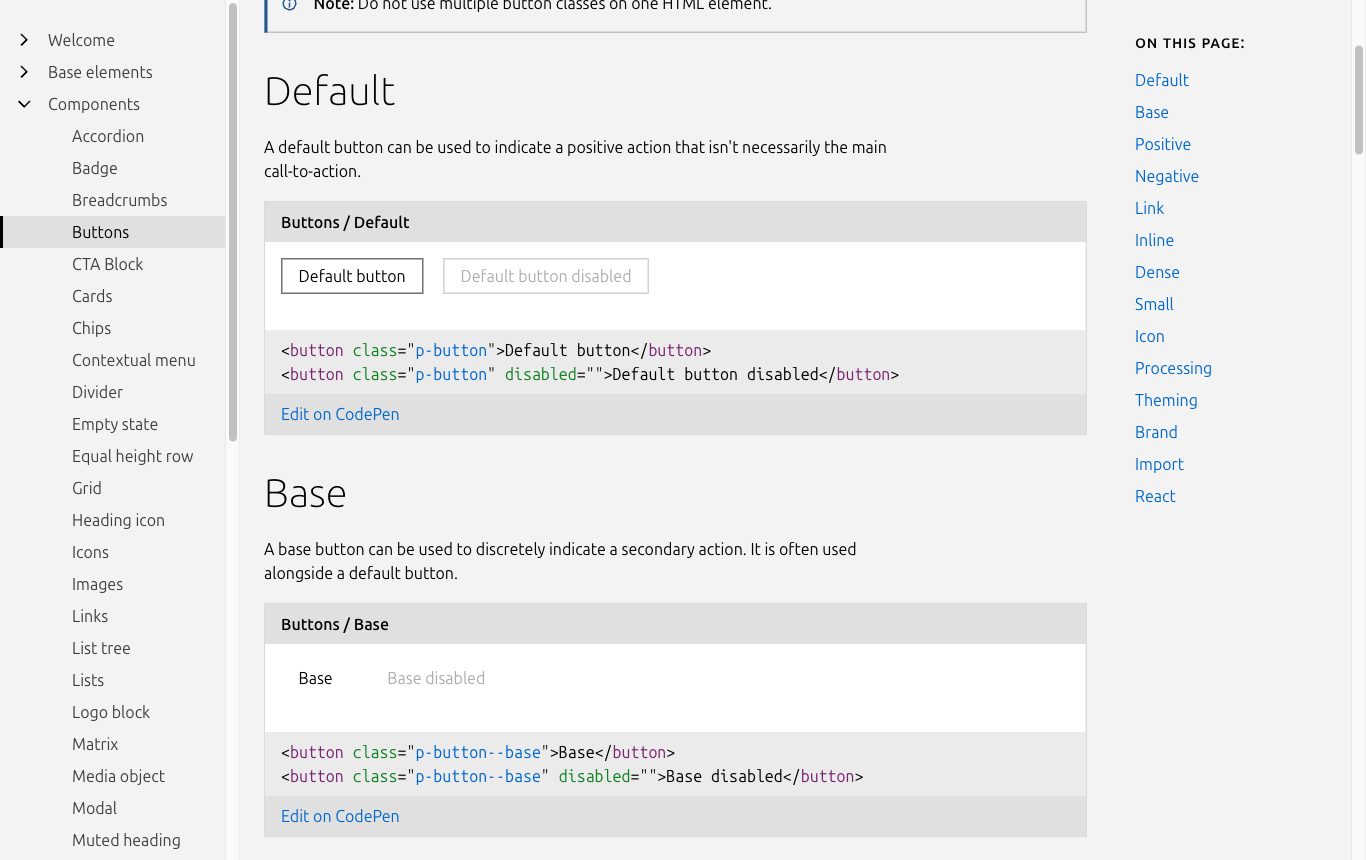 Canonical Vanilla documents every component with live examples and copy-paste markup. Source: vanillaframework.io/docs