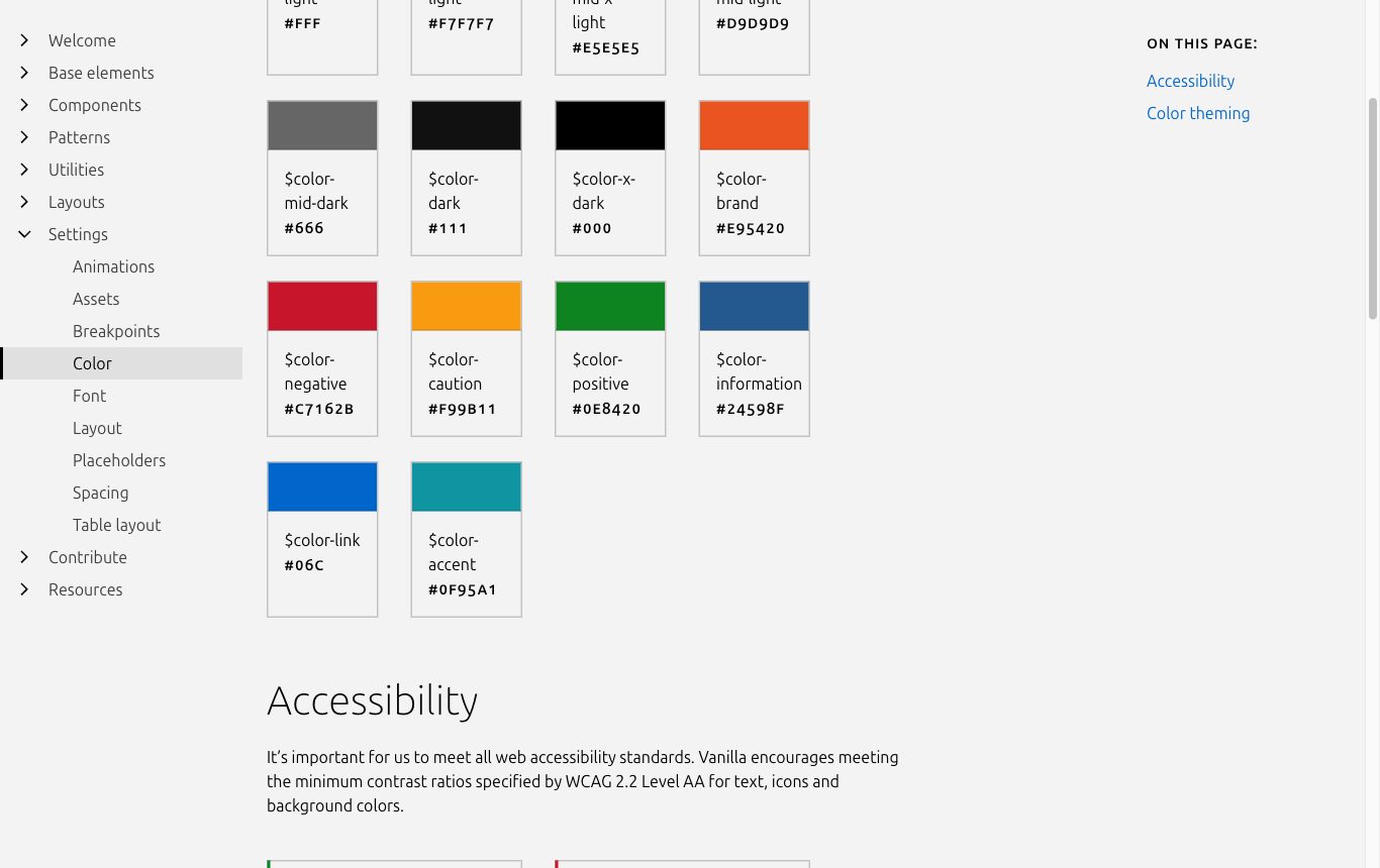 Canonical’s Vanilla exposes semantic colour settings layered over raw Sass values: skipping that layer is the anti-pattern. Source: vanillaframework.io